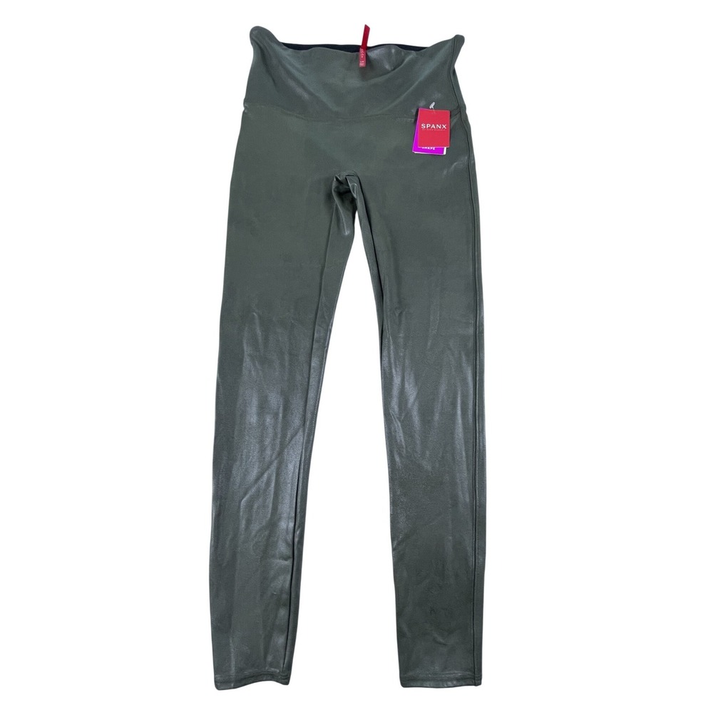 Spanx Leggings‎ Womens L Olive Green Faux Leather 2437 Shaping Power Waistband